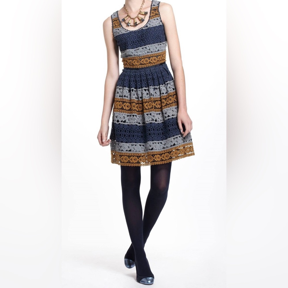 Anthropologie Navy, Gray & Mustard Crochet Stripe Fit-and-Flare Dress